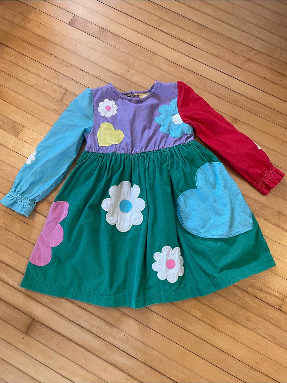 MINI BODEN Color Block Appliqué Patchwork Cotton Corduroy Dress Colorful Twirl